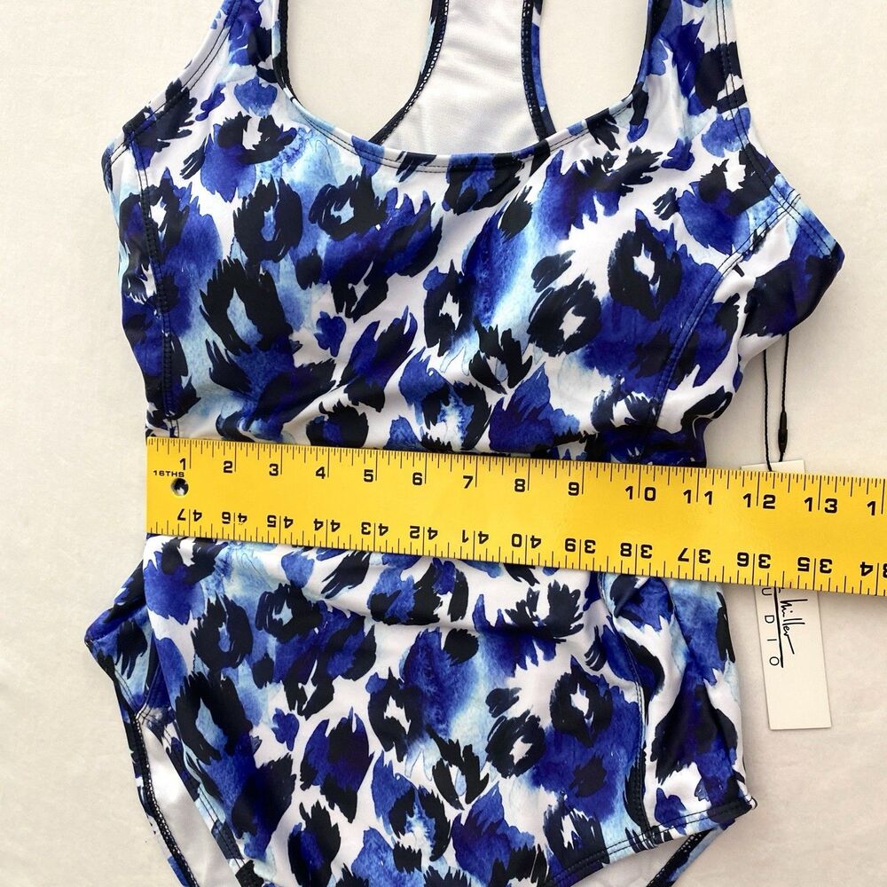 Nicole Miller Bathing Swim Suit One Piece Racerback Womens Medium Blue Floral - Picture 10 of 12